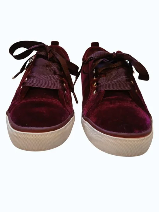 NOT RATED Red/Burgundy Velvet Gold Zipper Satin Lace Sneakers - Picture 13 of 16